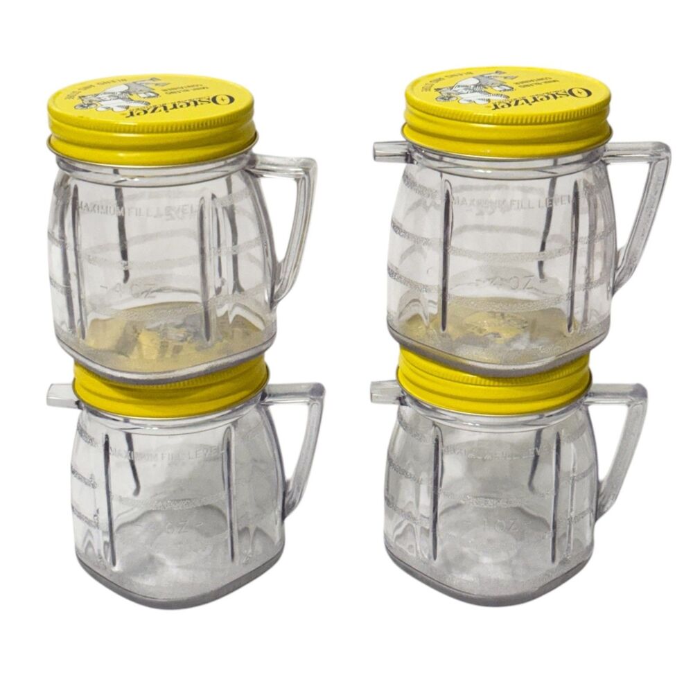 4 Vtg Osterizer Blend &  Store Mini Container / Jar 8oz Yellow Metal Lid Clean!
